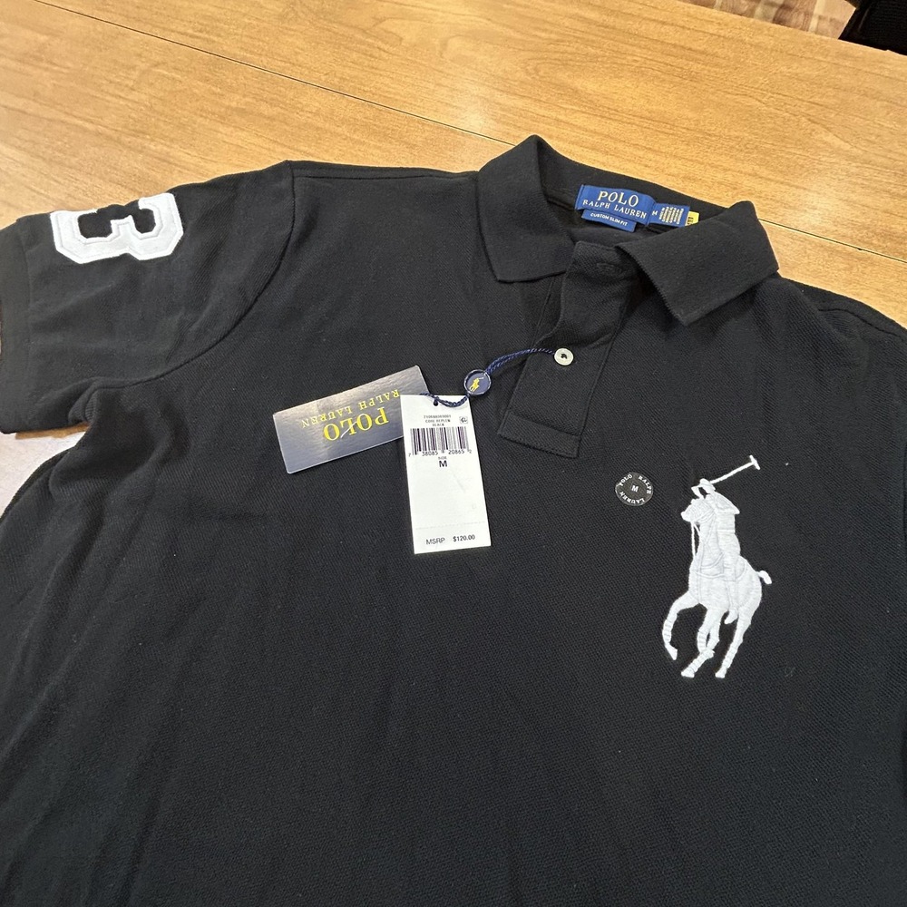 Polo Ralph Lauren Polo Shirt Mens M Black Custom Slim Fit Knit Big Pony 3 NWT